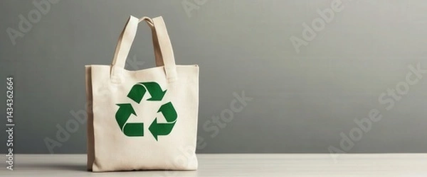 Fototapeta Eco-friendly cotton tote bag with green recycling symbol beside stacked folded clothes, representing sustainable fashion and packaging. Studio shot, neutral background, soft shadows.