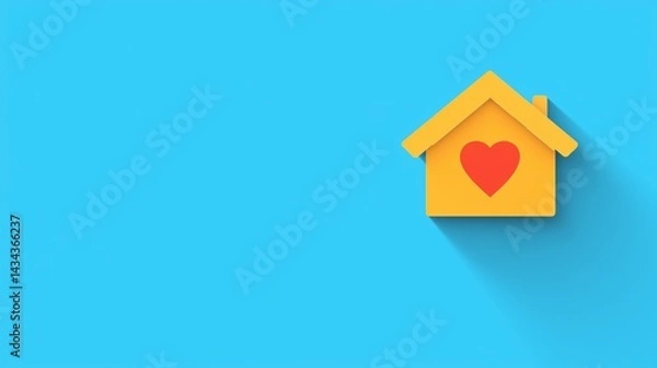 Obraz Cute yellow home icon with red heart symbol on sky blue background and copy space — perfect for Family Day designs, home care services, love in housing concept, or social media visuals