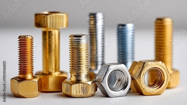 Fototapeta Assorted fasteners and nuts in gold, silver, and blue tones on white surface