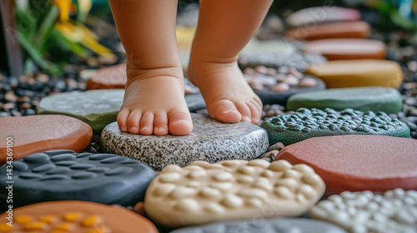 Fototapeta Sensory Baby toddler experience. Feet are shown stepping on a colorful pebble path in a garden, representing sensory exploration and early childhood development. Image made using Generative AI.
