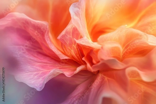 Fototapeta A close-up of a delicate pink and orange flower with soft, blurred edges