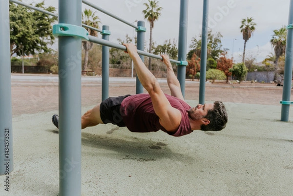 Obraz A man is doing Australian pull ups doing his workout outside, horizontal photo