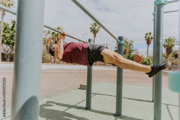Obraz A strong man is doing Australian pull ups at a calisthenics outdoor gym in a tropical location