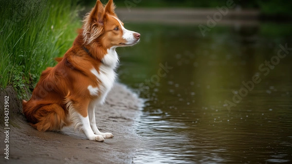 Fototapeta Dog enjoys the tranquility of a gently flowing stream at dawn