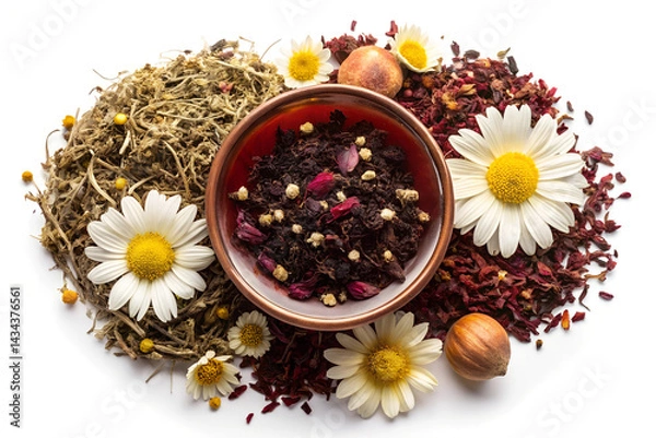 Fototapeta Aromatic Herbal Tea Blend – Chamomile and Hibiscus in a Flat Lay Composition.