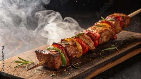 Obraz Smoked Skewer,MeatandPeppers,close-up shot, Wooden Platter,Grilling ,BBQ