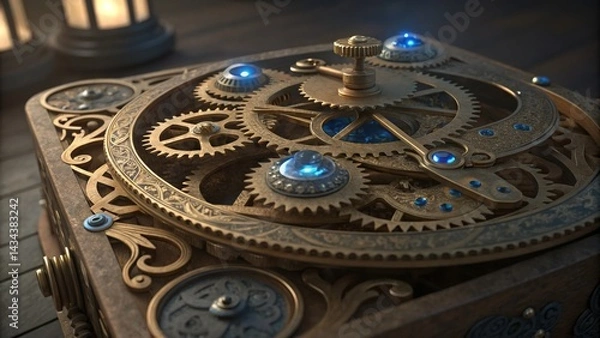 Obraz Steampunk Gears and Glowing Gems Close-Up, clockwork ,mechanism