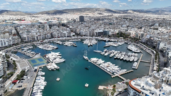 Obraz Aerial drone photo of beautiful round harbour and Marina of  Zea or Passalimani in the heart of Piraeus as seen from high altitude, Attica, Greece