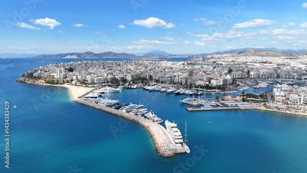 Obraz Aerial drone photo of beautiful round harbour and Marina of  Zea or Passalimani in the heart of Piraeus as seen from high altitude, Attica, Greece