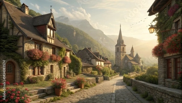 Obraz Stone path leads to church in village, misty mountains and sunlight, romantic , architecture
