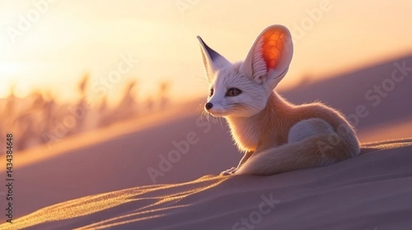 Fototapeta A cute fennec fox resting on the sandy dunes at sunset, showcasing its large ears and soft fur in warm golden tones.