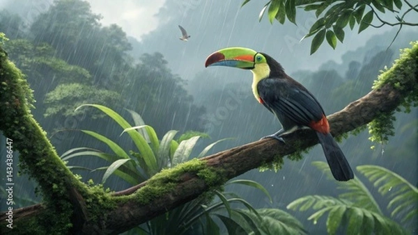 Obraz Toucan on mossy branch, jungle rain, bird portrait, nature, wildlife