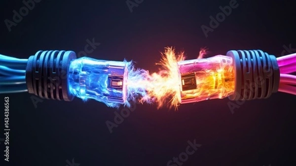 Obraz Cables clashing, sparks fly, dark background, data conflict, tech concept