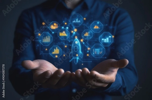Obraz A man holds a futuristic rocket surrounded by data visualizations, symbolizing innovation and growth