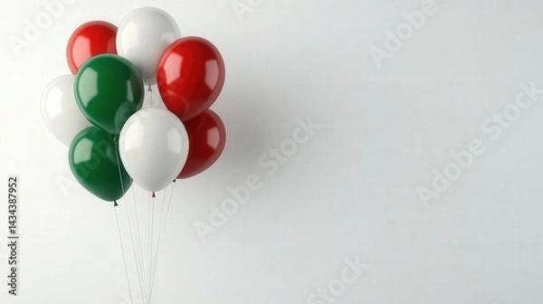 Fototapeta 3D illustration of red, green, and white balloons on a light grey background. Represents Italian flag colors for Happy Republic Day celebration or holiday greeting cards.