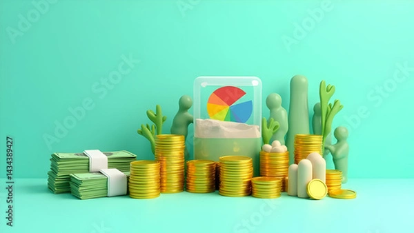 Fototapeta illustration of financial prosperity with stacks of gold coins, bundles of green cash, a colorful pie chart, and scattered leaves on a solid teal background