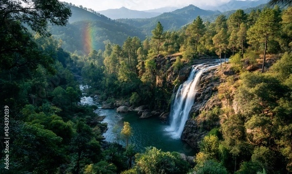 Fototapeta Waterfall cascading into a tranquil pool, lush forest surrounding