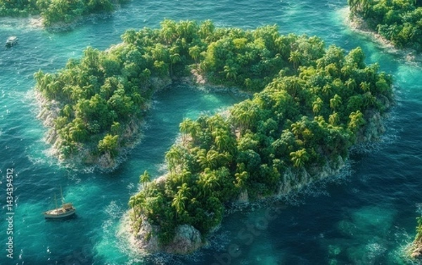 Fototapeta Lush tropical isles forming a question mark shape in turquoise waters.