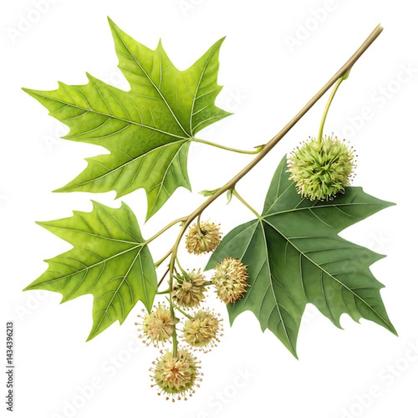Obraz American sycamore branch with leaves and fruits