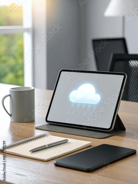 Fototapeta Holographic weather forecast displayed on a tablet at a modern desk in a bright room