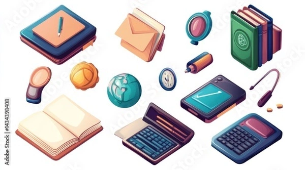 Fototapeta Colorful isometric illustrations of various office and study supplies.