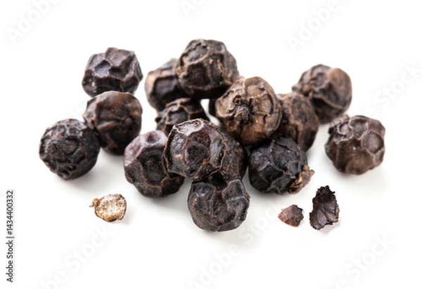 Fototapeta Black peppers isolated on white background. Pile of black peppercorns macro.