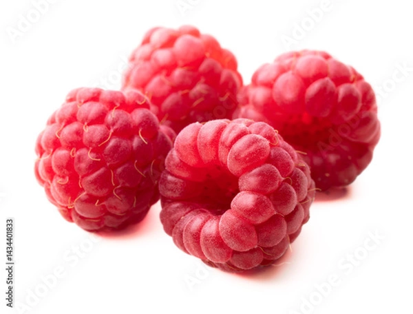 Fototapeta Raspberries isolated on white background. Closeup raspberry group.