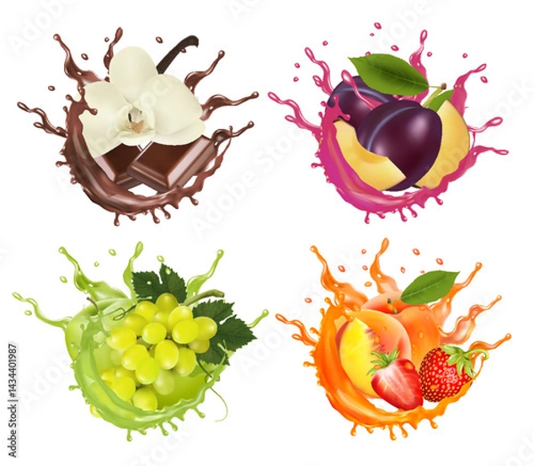 Obraz set_27_of_realistic_fresh_fruit_and_berries_in_juice_splash