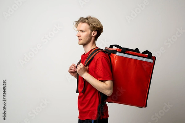 Fototapeta Side profile of courier in red uniform with thermal bag