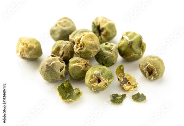 Fototapeta Green peppercorns isolated on white background. Pile of green peppers macro.