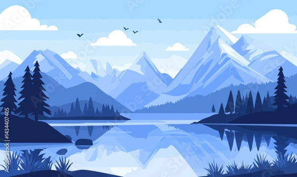 Fototapeta Serene Mountain Landscape with Tranquil Lake and Birds in Vector Art