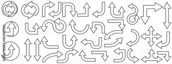 Fototapeta A collection of thin outline black arrows in multiple directions and styles. Perfect for minimal UI, navigation, signs, and web design.
