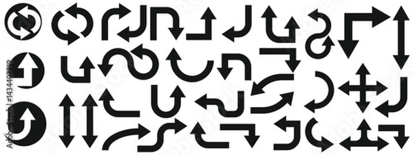 Fototapeta Set of black vector arrows in various directions and styles. Perfect for user interfaces, signs, zig zag , crossroads infographics, and design projects isolated on a white background.

