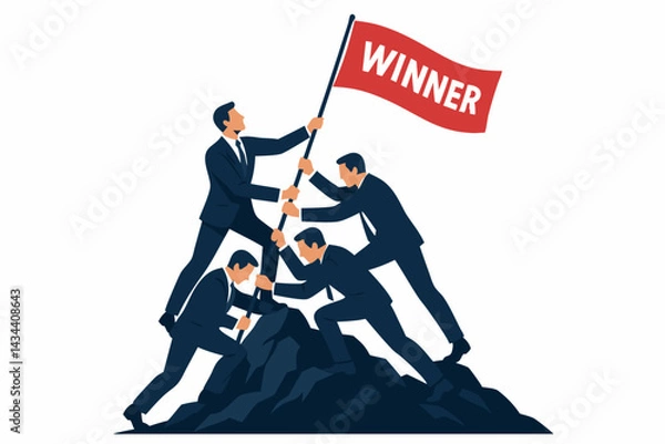 Fototapeta Collaborative business team triumphantly planting a red winner flag on a mountain summit, symbolizing corporate success, achievement, partnership, and leadership goals vector art.