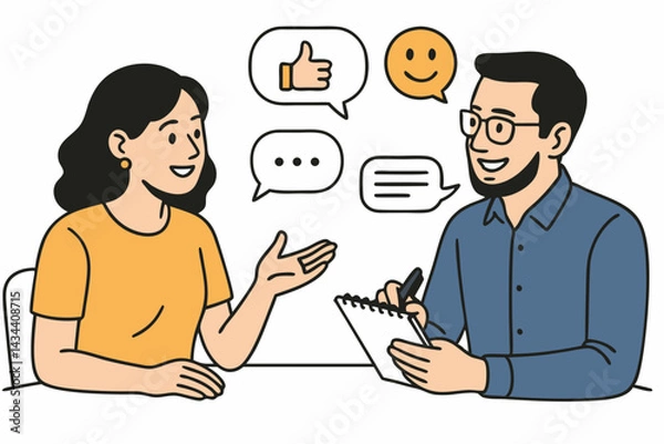 Fototapeta Simple line illustration of a man interviewing a female client, gathering feedback and taking notes during a consultation. Vector graphic showing positive customer experience discussion.