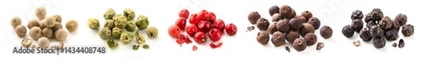 Fototapeta Set of various type peppercorns isolated on white background. Allspice, black, green, white, red pepper heaps collection.