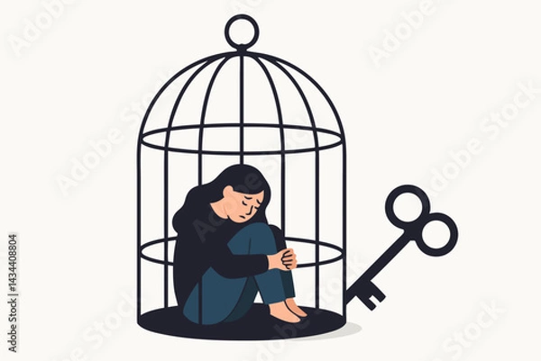 Fototapeta Feeling trapped concept: Depressed woman sits alone inside a cage, symbolizing mental health issues, isolation, and emotional prison, with a key silhouette representing escape.