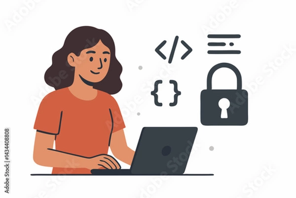 Obraz Female programmer coding securely on laptop, vector illustration for software development, web security, and open source projects. Woman developer working with code and padlock icons.