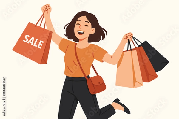 Fototapeta Excited female shopper jumping for joy with multiple shopping bags, celebrating big savings during a sale event. Happy customer enjoying retail therapy. Flat vector design.