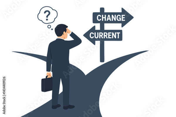 Fototapeta Vector illustration of a businessman facing a career crossroads dilemma, confused with a question mark, choosing between change and his current job path, making a difficult decision.