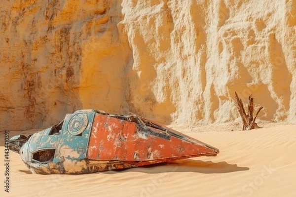 Fototapeta A wrecked spaceship lies in the desert sand, weathered and broken against a sandstone cliff.