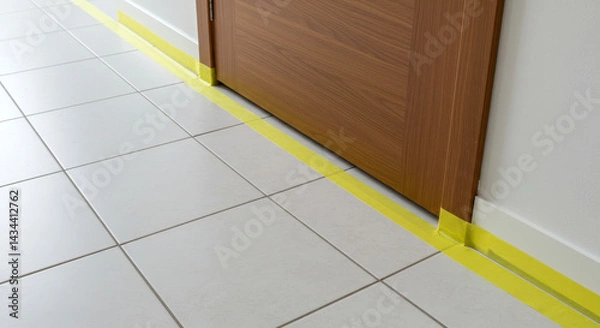 Obraz Masking tape applied to tile floor and baseboard next to a wooden door during renovation project, protecting surfaces painting process.