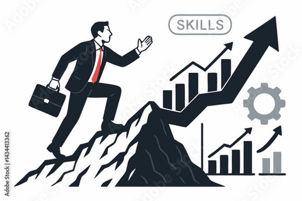 Fototapeta Determined businessman climbing upward arrow chart on a mountain, symbolizing business growth, career progression, skill enhancement, overcoming challenges, and achieving success vector.