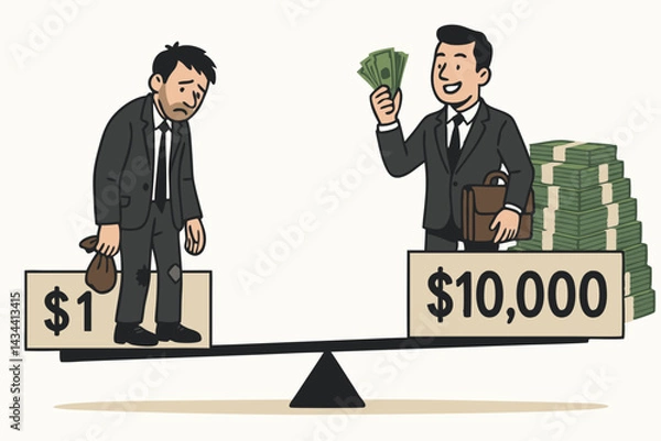 Fototapeta Cartoon seesaw balancing a wealthy manager with lots of cash against a poor worker with one dollar, visualizing the concept of income inequality, salary comparison, and the wealth gap.