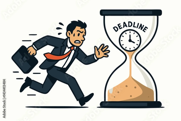 Fototapeta Urgent Deadline Concept Anxious Businessman in Suit Running Towards Hourglass Clock Symbolizing Time Pressure and Project Management Stress Vector Graphic Illustration