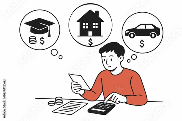 Fototapeta Man using calculator for financial planning, budgeting for major life expenses including student debt, buying a home, and car payment. Personal finance money management vector illustration.