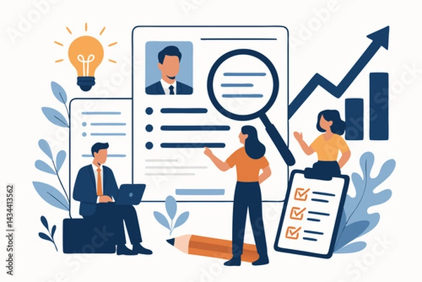 Fototapeta Crafting the perfect resume vector concept. Business people collaborate on CV writing and analysis for job search success, recruitment, hiring process, and career development.