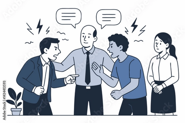 Fototapeta Workplace Conflict Resolution Vector Illustration Showing Manager Mediating Heated Argument Between Angry Colleagues in Office, Communication Breakdown and Dispute Management Concept