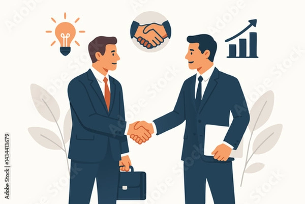 Fototapeta Successful business partnership handshake vector illustration. Two businessmen seal a deal, representing collaboration, agreement, growth, new ideas, and corporate success concept.
