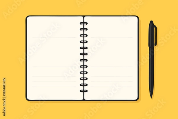 Obraz Minimalist flat design vector illustration of an open spiral bound notebook with empty lined pages beside a black pen, ideal for notes, journaling, planning, or study concepts on yellow.